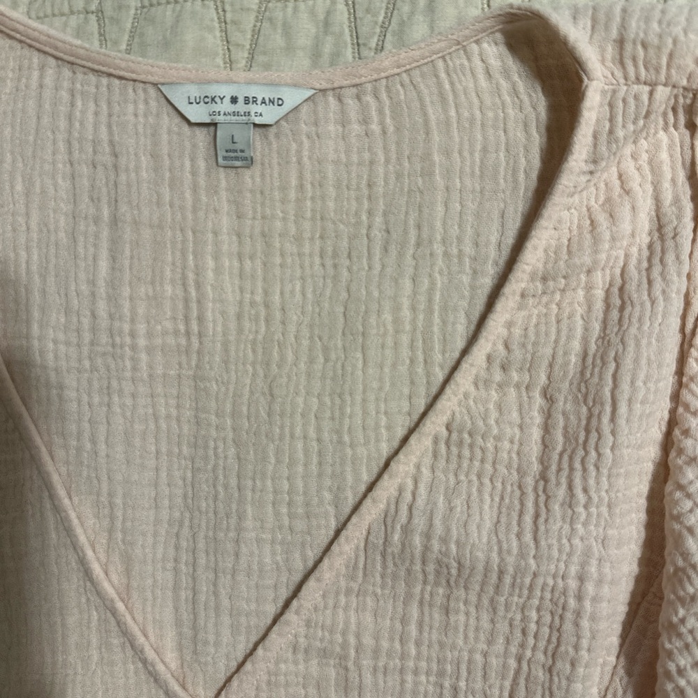 Lucky Brand 100% Cotton Gauze Wrap Peplum Top, Size L, EUC